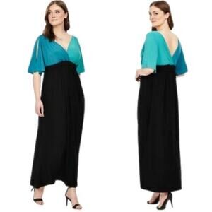 Kiyonna Cold Shoulder Deep V-Neck Maxi Dress blue teal black color blocks size 2